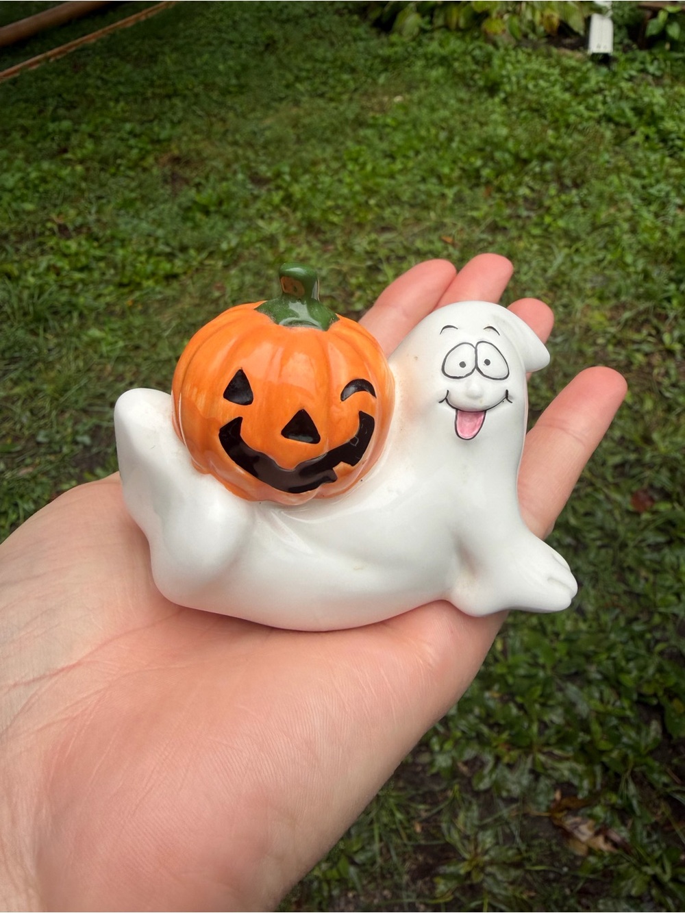 White Ghost with Orange Pumpkin vintage Halloween decor figurine